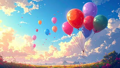 Colorful balloons in a vibrant sky