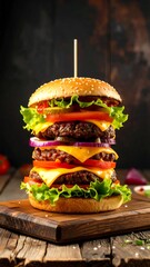 Huge stacked cheeseburger on a rustic wooden board
