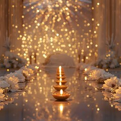 Radiant Celebration Background with Shining Diyas and White Flowers