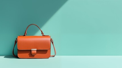 Orange leather top handle satchel with strap on turquoise background, minimal sunlight scene