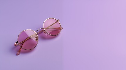 Round sunglasses with pink lenses on lilac background, minimal fashion flat lay
