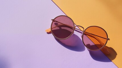 Round sunglasses with gradient orange pink lenses on purple and orange background, minimal summer flat lay