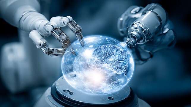 Robotic arms manipulating a glowing brain-like sphere in a high-tech environment