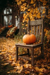 Pumpkin on rustic wooden chair among autumn leaves in cozy farmhouse yard
