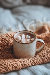 Hot chocolate with marshmallows in ceramic mug on knitted blanket, cozy autumn close up