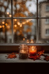 Jar candles on rainy window with autumn leaves and bokeh lights, cozy evening home decor