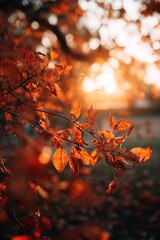 Backlit autumn leaves on tree branch at golden hour, soft bokeh close up