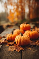 Mini pumpkins on rustic wooden table with autumn leaves in soft morning light