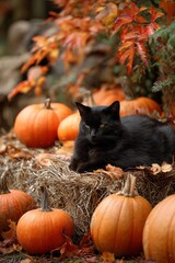 Black cat resting on hay bale among pumpkins and autumn leaves, rustic fall decor