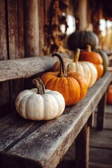 Small pumpkins on rustic wooden bench, autumn farmhouse decor close up