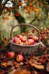 Wicker basket of red apples on forest floor with autumn leaves, rustic harvest scene