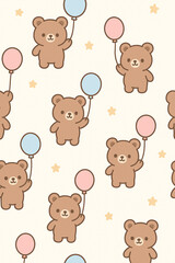 Fototapeta premium Cute seamless pattern with teddy bears holding balloons, kawaii cartoon style