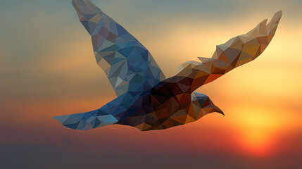 Abstract geometric low-poly bird in flight, composed of sharp polygonal shapes, symbolizing freedom, motion, creativity, and modern digital art.