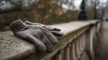 Knitted wool gloves on stone railing in autumn park, overcast day