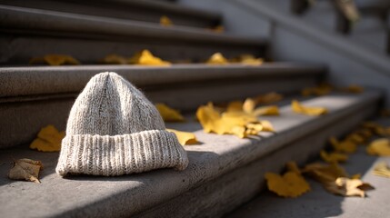 Knitted beanie on stone steps with autumn leaves in sunlight