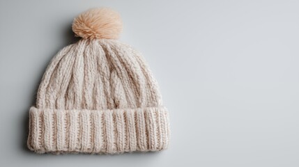 Beige knitted beanie with pom pom on minimal background, flat lay top view