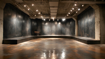 A contemporary black box stage with plain black walls, minimalist design, and bright overhead lighting illuminating the space.