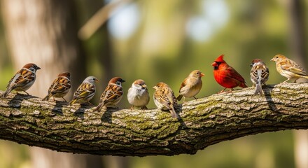 A flock of small birds lined up on a tree branch with a single bright red cardinal standing out