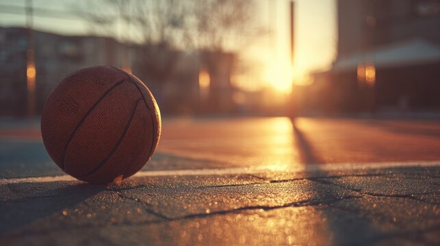 Golden Hour Basketball: A Lone Ball at Sunset