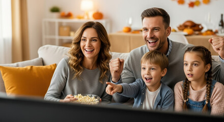 Happy family watching tv together on couch, smiling, with popcorn in living room. Cheerful happy family watches tv, excitedly cheering, bonding over movie time.