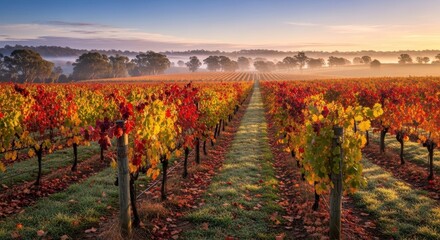 Naklejka premium Autumn Vineyard Rows Bathed in Golden Sunrise Light