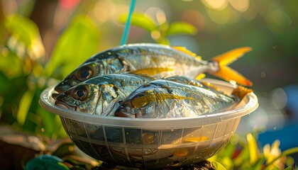 Fresh fish in a bowl, sunlight
