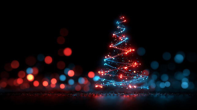 abstract christmas tree with lights , digital technology style ,  black background