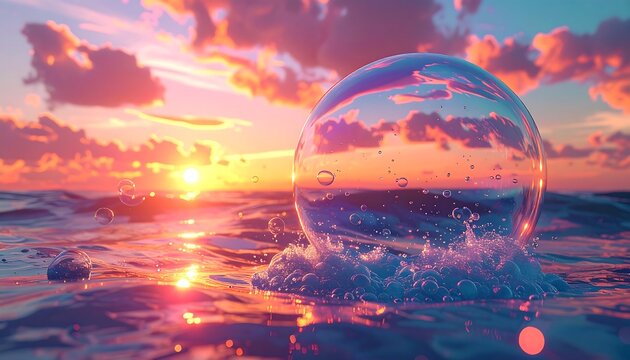 Glass sphere on sunset ocean - Powered by Adobe