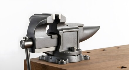 Fototapeta premium Metal Vise on Wooden Workbench: A detailed shot of a robust metal vise, poised on a sturdy wooden workbench, demonstrating the core tools of metalworking and craftsmanship.