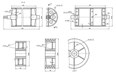 Drawing of round steel mechanical 
part with teeth, through holes, dimensional lines.
Background with engineering cad scheme.
Technical pencil sketch
on white paper sheet. Technology design.
