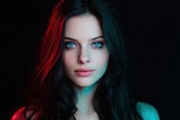 Fototapeta premium Stunning young woman with long black hair bright blue eyes and flawless skin portrait.