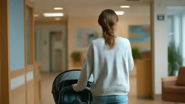 mother pushing stroller into pediatrics wing surrounded by child friendly wayfinding and calming wall textures three quarter wide angle cinematic color correction gentle