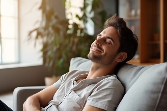 Relaxed young man enjoying peaceful moment at home