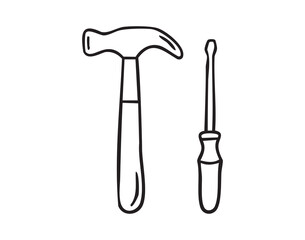 Hammer and screwdriver crossed, hand drawn doodle, line art, monochrome, hand drawn