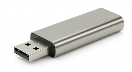 Sleek Brushed Metal USB Flash Drive: High-Resolution Stock Photo of a Modern Data Storage Device, Perfect for Tech, Business, and Data-Related Projects.  This image showcases the USB drive's elegan...