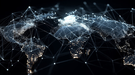 Glowing dark global network mesh forming a digital world map, symbolizing global data connections, technology, and futuristic communication systems.