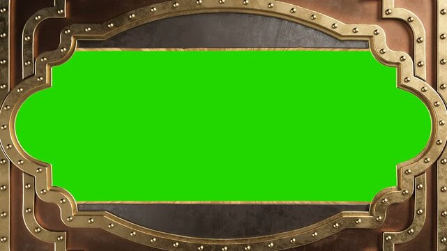 Steampunk style metal board with brass borders. Opening metal hole or door. Isolated with green chromakey, luma matte.