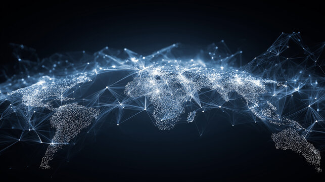 Glowing dark  global network mesh forming a digital world map, symbolizing global data connections, technology, and futuristic communication systems.