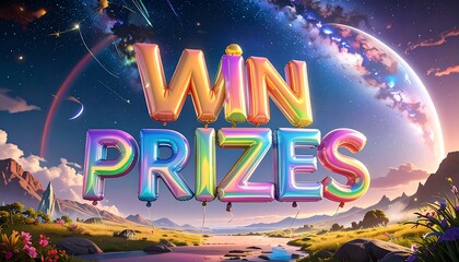 Colorful balloons spell out "Win Prizes" over a landscape
