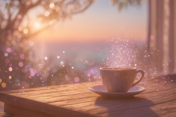 Fototapeta premium Coffee cup on wooden table with magical sparkles and soft sunset background atmosphere