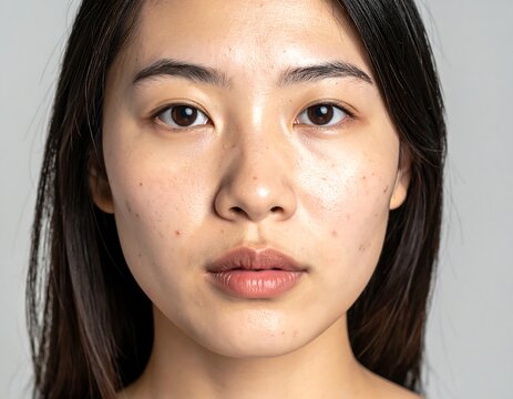 Close-up portrait of young woman with skin blemishes