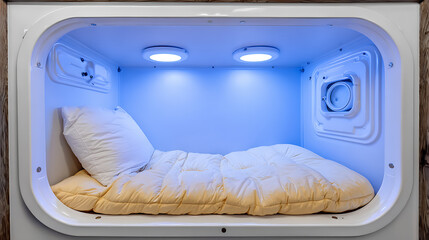 Compact sleeping pod with illuminated interior and bedding