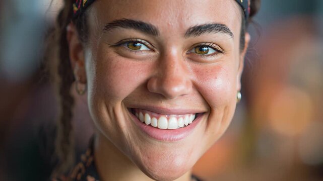 Close-up of a beautiful and smiling New Zelander woman in typical maori clothes	