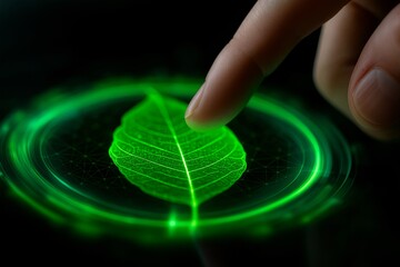 Hand interacting with glowing green leaf hologram on dark background showcasing technology