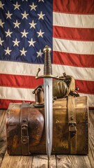 Naklejka premium Vintage knife and antique chest against American flag