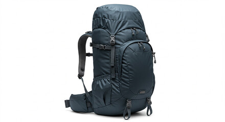 High-Quality Studio Shot of a Durable Dark Blue Hiking Backpack, Ideal for Adventurous Travel and Outdoor Activities. This image showcases the backpack's robust construction, multiple compartments,...