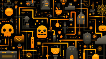 Halloween technology background vector design featuring glowing circuits, pumpkins, and spooky digital elements blending tech with festive horror aesthetics on black background 