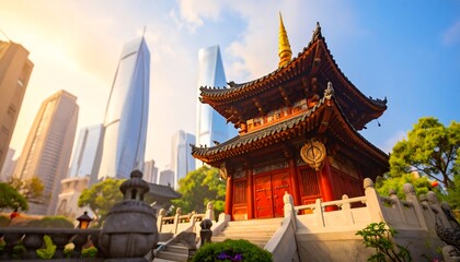 Obraz premium Modern city meets ancient temple