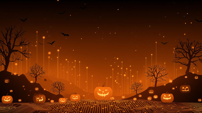 Halloween technology background vector design featuring glowing circuits, pumpkins, and spooky digital elements blending tech with festive horror aesthetics on dark orange background 