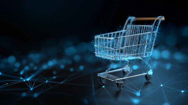 Shopping cart on a digital network background  , technology dark background 